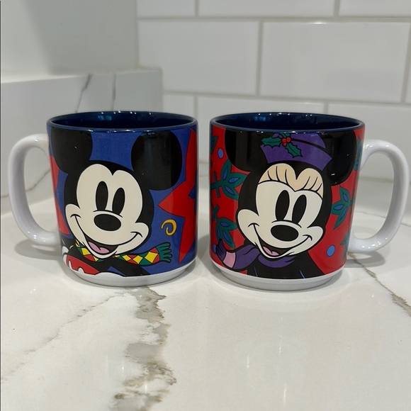 Disney Store Enchanted Christmas Mickey and Minnie Mouse Mug Set  - Blue and Red - Picture 1 of 10